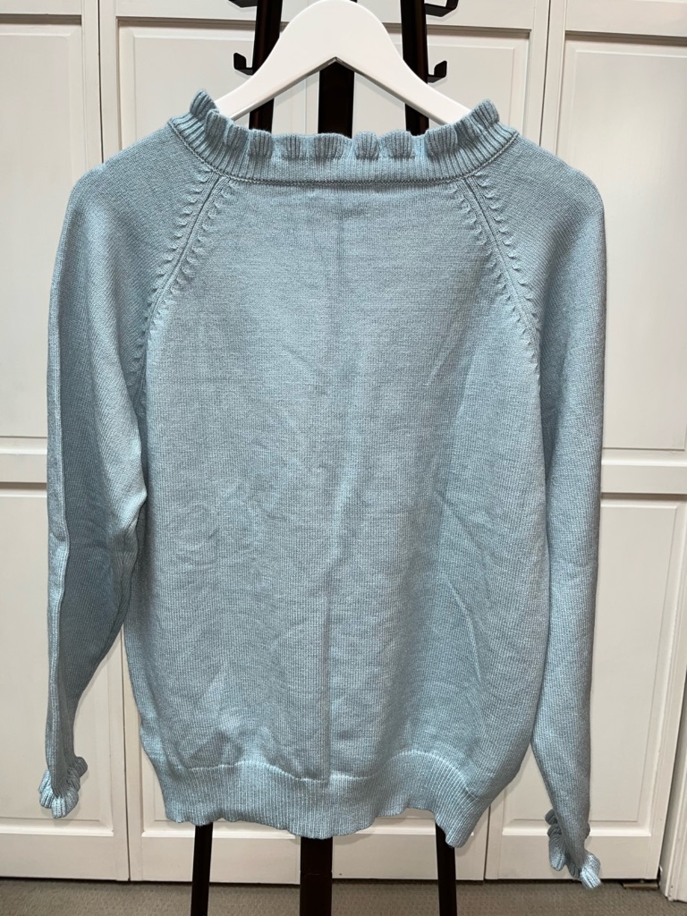 Ruffled V-Neck Knit Sweater in Dusty Blue - Picture 4 of 6